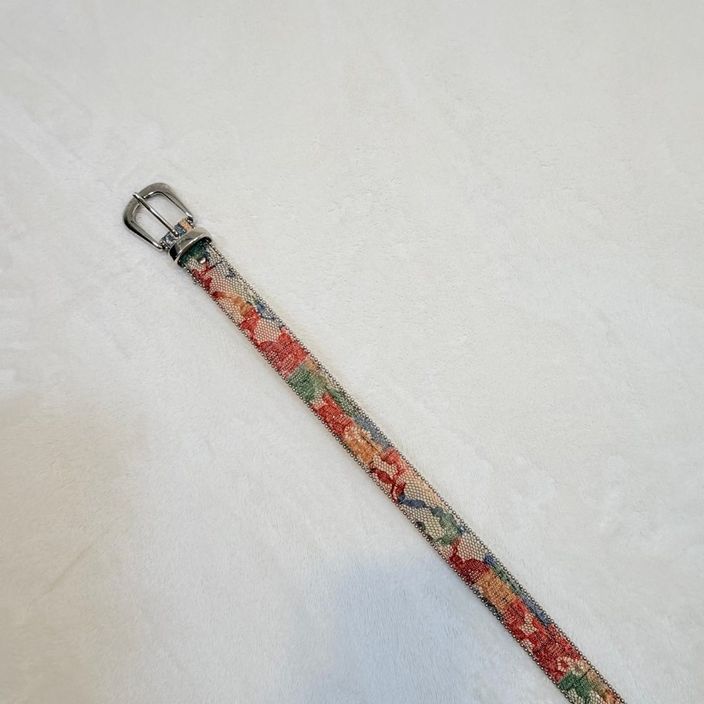 Vintage Floral / Lace Women's Belt with Beaded Trim & Silver Buckle - Multicolor